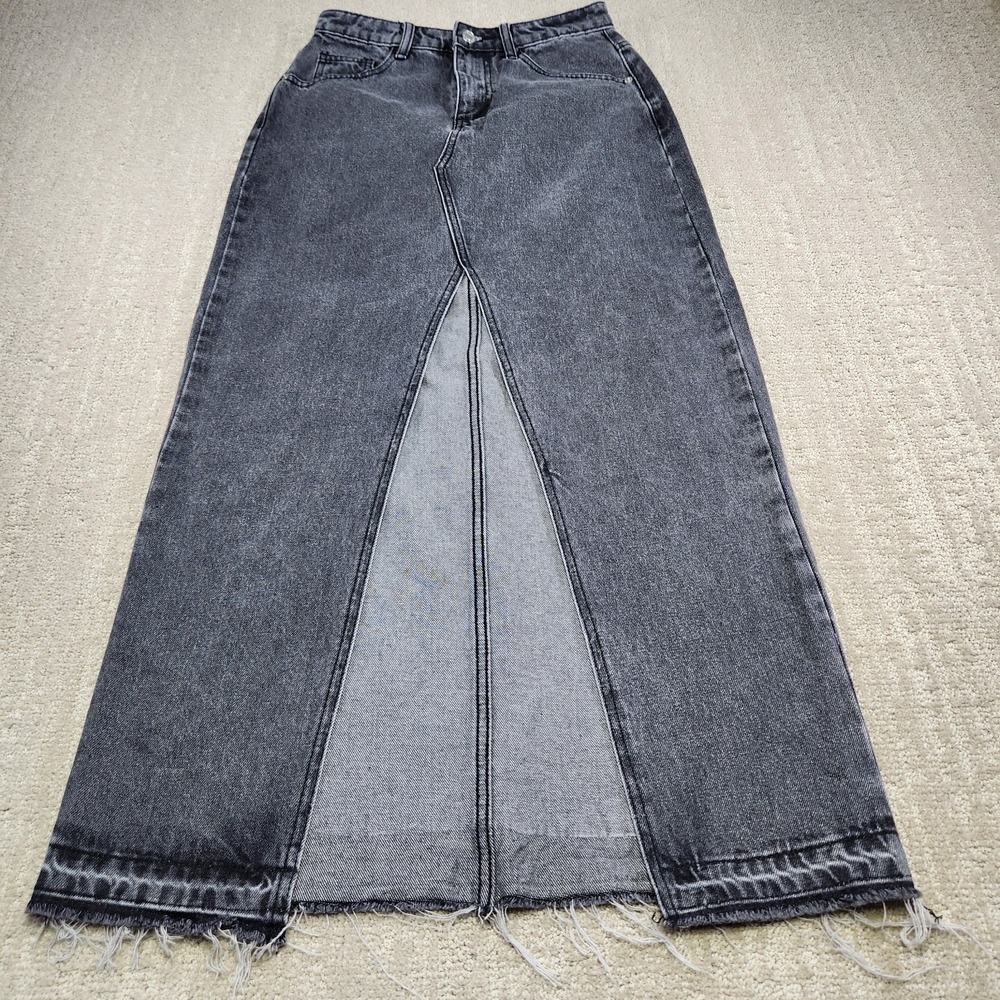 White Fox Boutique Maxi Skirt Womens Small‎ Black Denim Front Slit Festival Boho
